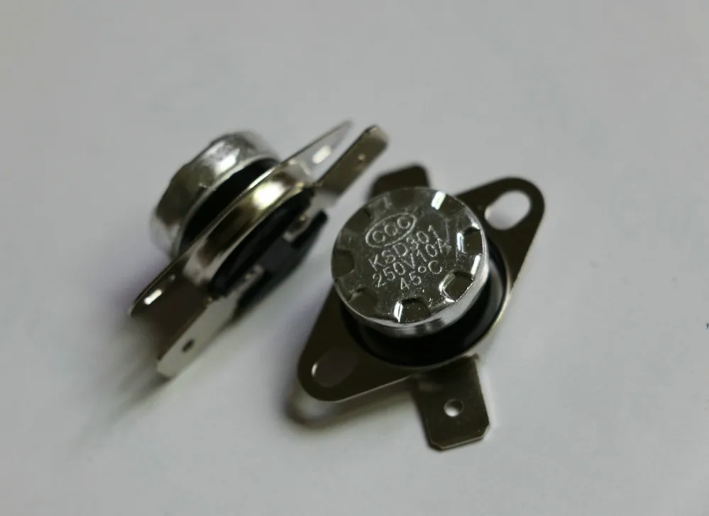 

10pcs Button style KSD301 45C Normal open 45 Degree NO Temperature Controlled Switch Thermostat 250V 10A Flat foot movable ring