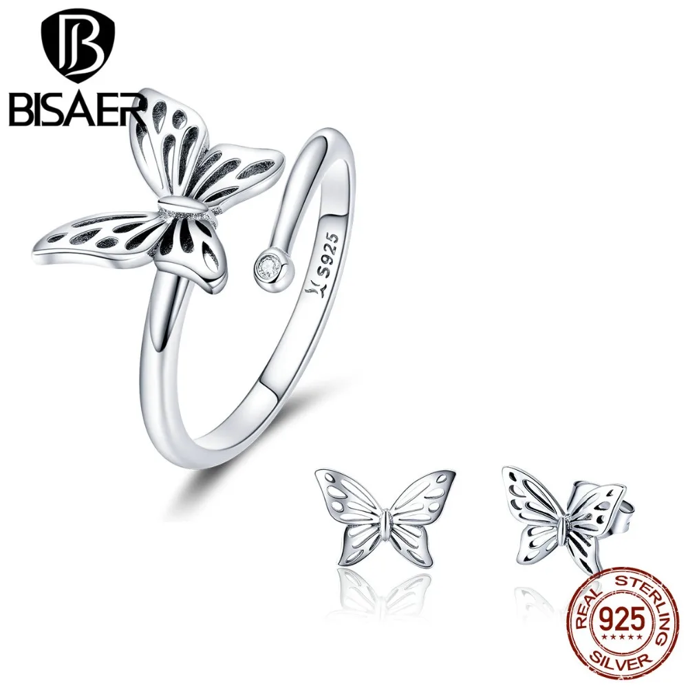 BISAER New Collection 925 Sterling Silver Trendy Butterfly Shape Finger Rings &amp Stud Earring Jewelry Sets Women HPS086 | Украшения и