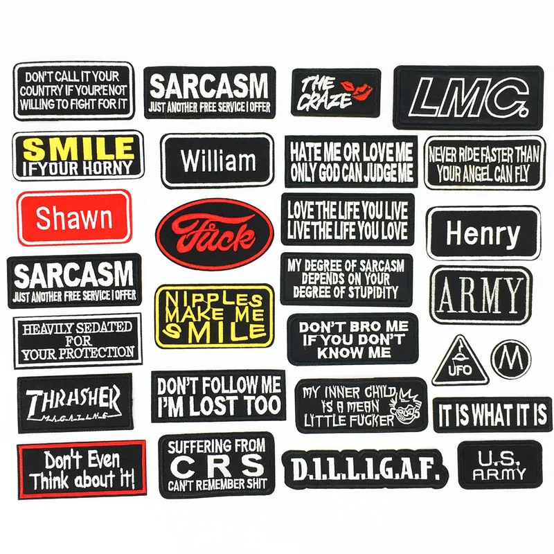 

50pcs/lot Vintage Embroidery Patches Letters Black Gold Badge Applique Iron Heat Transfer for Clothing Accessories