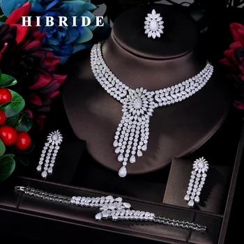 

HIBRIDE Luxury Tassel Pendant Full CZ Pave Big Dubai Jewelry Sets For Women Bridal Wedding Accessories Jewelry N-763