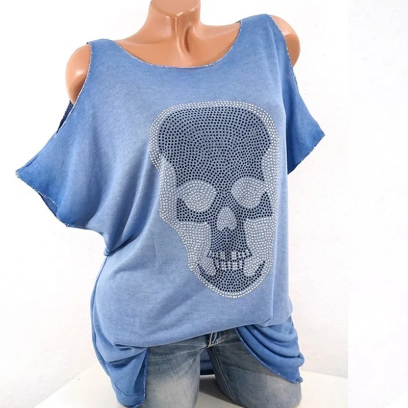 Новые модные футболки с принтом черепа и бриллиантами, повседневные топы с короткими рукавами, свободные блузы WS7081U