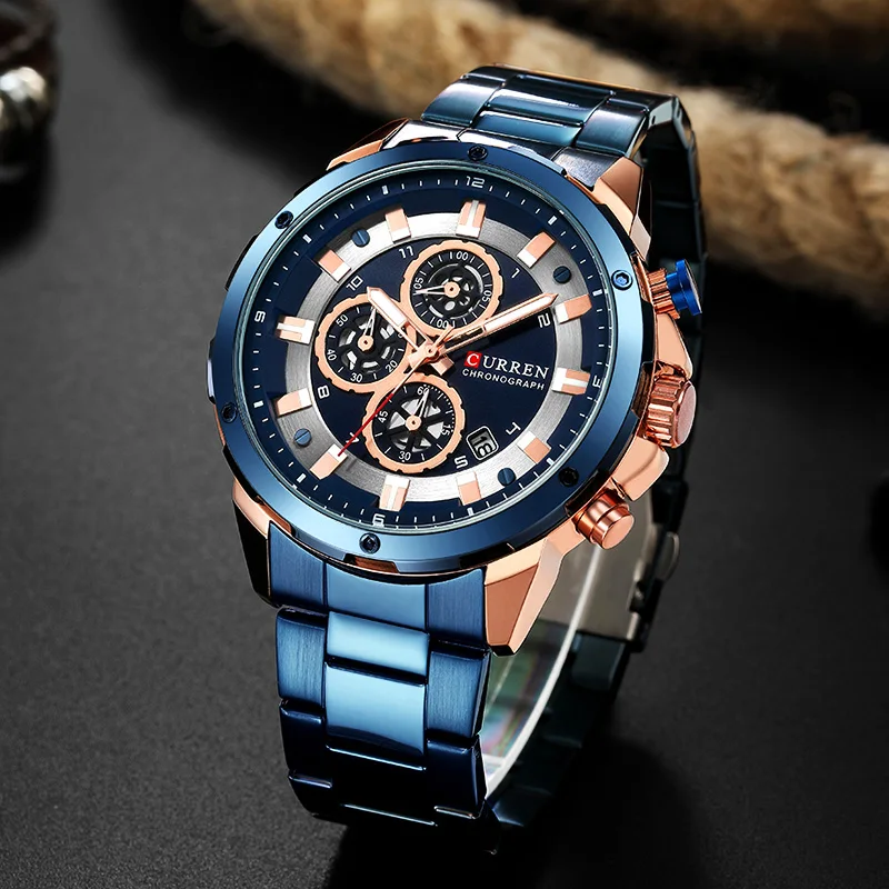 $20.58 Curren Watch Men Blue Luxury Quartz Steel Mens Watches Top Brand Luxury Chronograph Clock Man