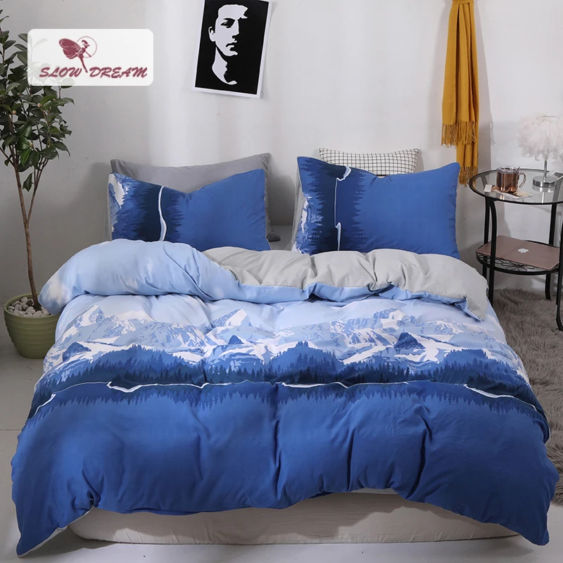 

SlowDream Blue Duvet Cover Set Flat Sheet Pillowcase Bed Linen Nordic Adult Double Single Size Bed Cover Bedclothes Decoration