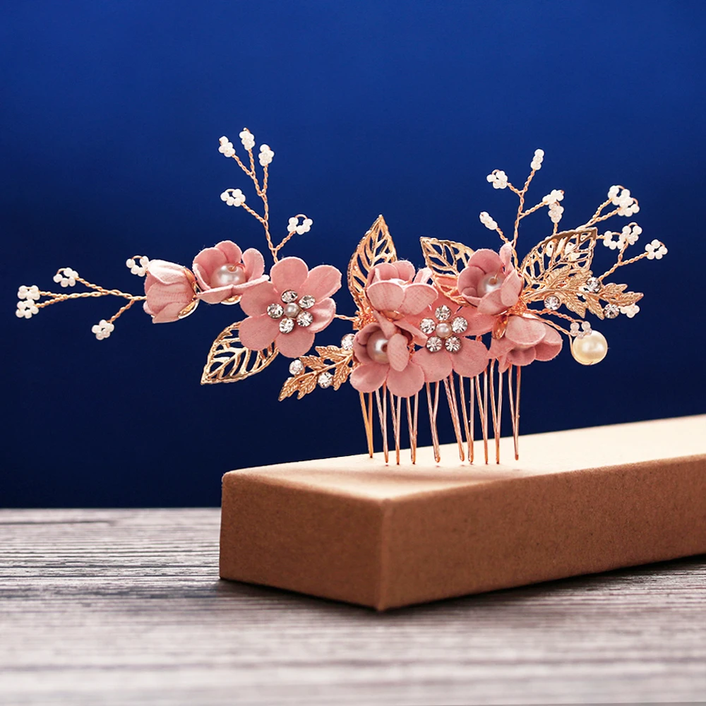 

HOOH Hot Luxury Blue Pink Flower Hair Combs Headdress Prom Bridal Wedding Hair Accessories Gold Leaves Hair Jewelry Hair Pins