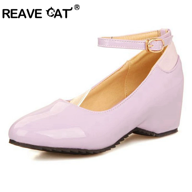 

REAVE CAT Big size Wedges Glitter Ladies shoes Sapatos femininos New arrival Spring summer Patent leather Women shoes Buckle