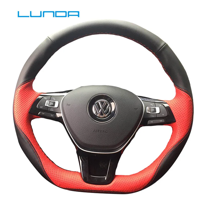 

black red Leather Hand-stitched Car Steering Wheel Cover for Volkswagen Golf 7 Mk7 New Polo Passat B8 Interior Accessories