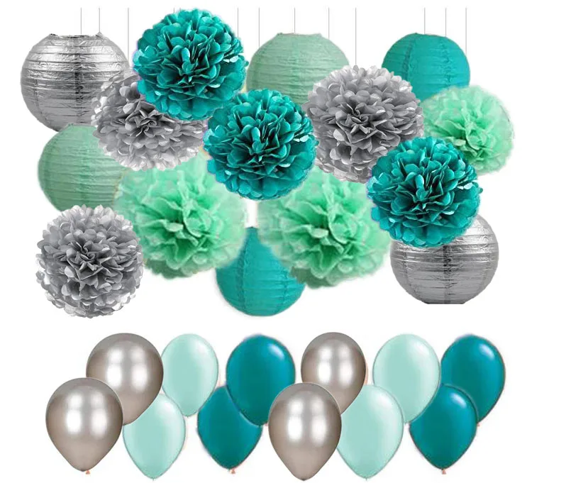 

Mermaid Party Decor 45pcs/Mint Green Silver Teal Tissue Paper Pom Poms Lanterns Paper Honeycomb Balls Wedding Bridal Shower