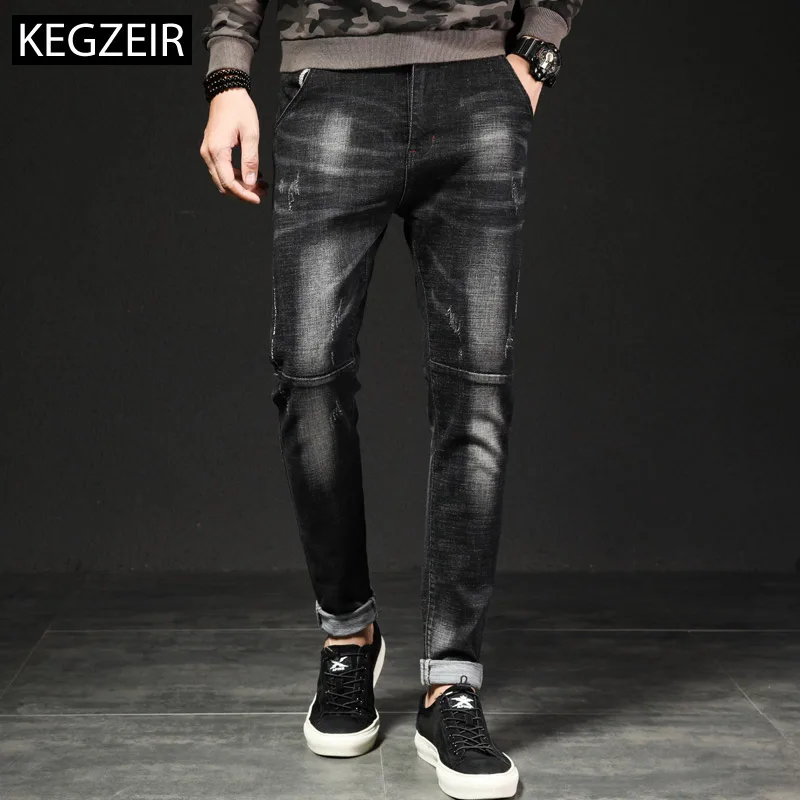 KEGZEIR 2019 новые классические модные мужские джинсы Slim Fit Черные Лоскутные Джинсовые брюки мужские повседневные стрейч джинсы мужские