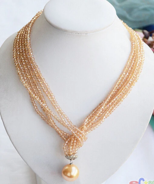 

Wholesale FREE SHIPPING >>> P4584 3row 40" faceted citrine crystal 20mm shell pearl pendant necklace