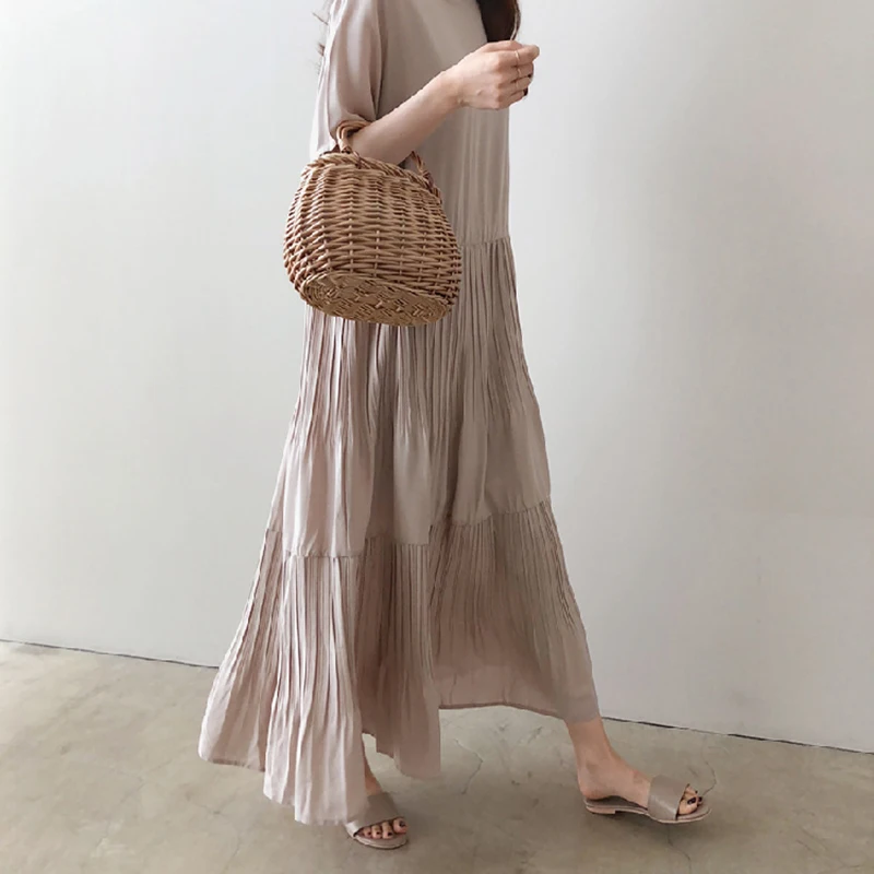 

SuperAen 2019 Summer Solid Color Round Neck Women Long Dress Fashion Casual Ladies Dress Cotton and Linen Short-sleeved Dresses