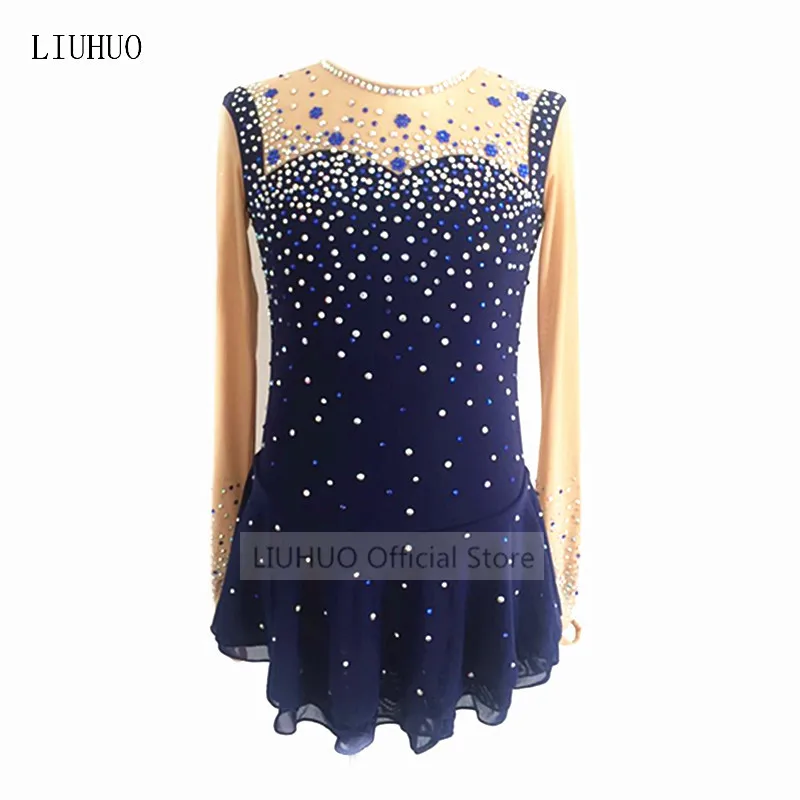 

High end customized Figure Skating Dress Women's Girls' Ice Skating Dress Hid blue high elastic fabric handmade water drill