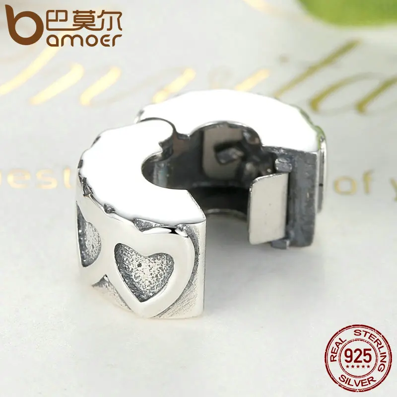 BAMOER Fashion 925 Sterling Silver Row Of Hearts Romantic Love Clip Charms fit Bangles & Bracelets Women DIY Accessories PSC033