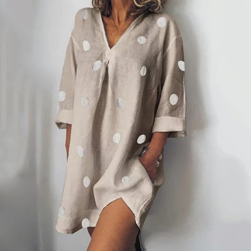 

Hot Women V-Neck Long Shirt Dress Polka Dot Print Summer Loose Casual Mini Dress