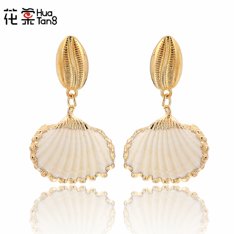 

HuaTang Boho Scallop Shell Pearl Dangler Earrings for Women Girl Gold Alloy Drop Dangle Earring Engagement Oorbellen A24402