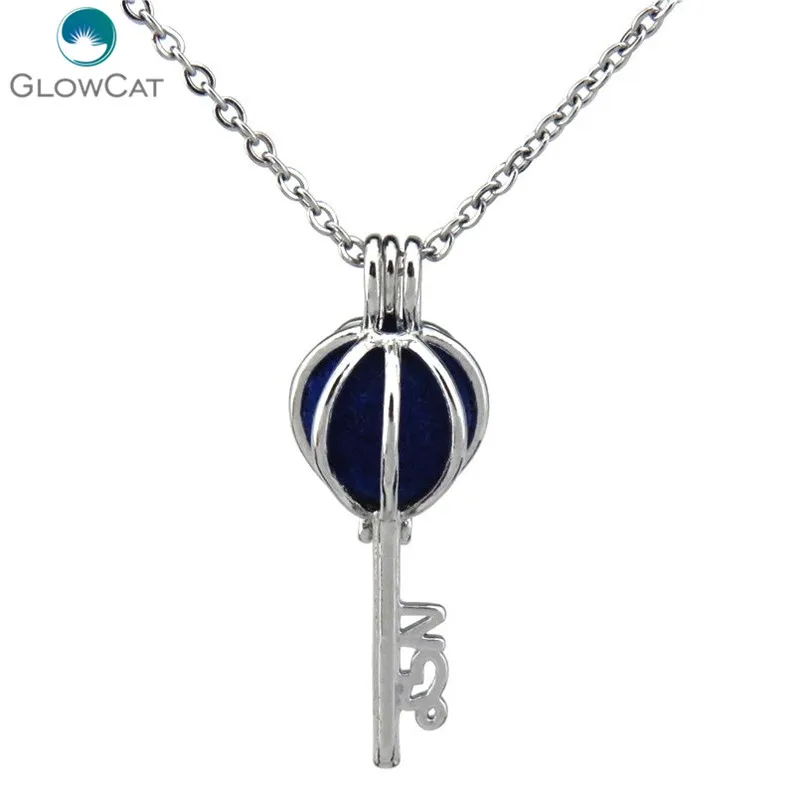 

K164 Silver 31mm Key Diffuser Locket Necklace Bead Cage Stainless Steel Chain Aroma Essential Oil Diffuser Locket