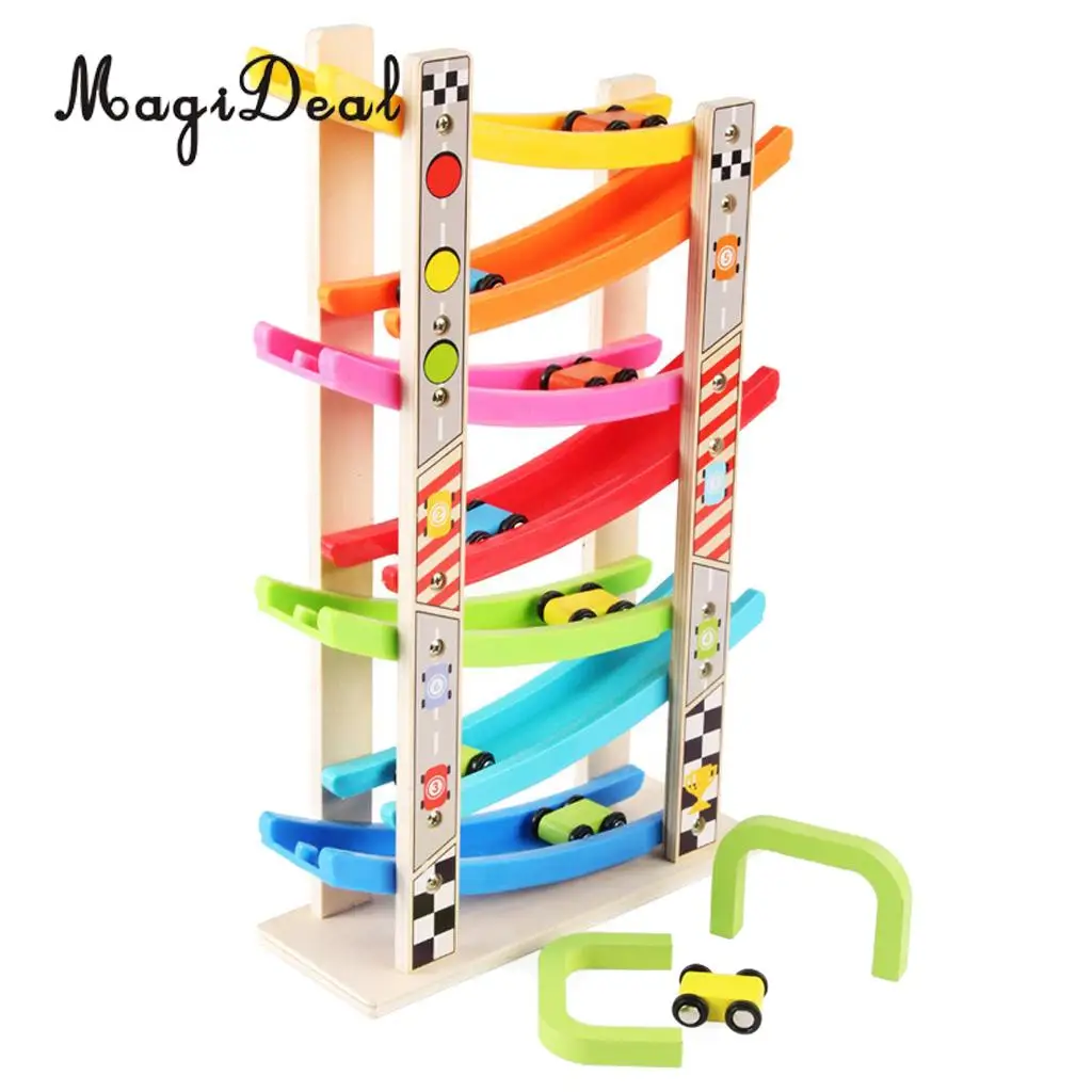 Colorful Wooden Ramp Race Track & 8 mini Inertia Car Playset - Toddlers Baby Toys Developmental Preschool Games