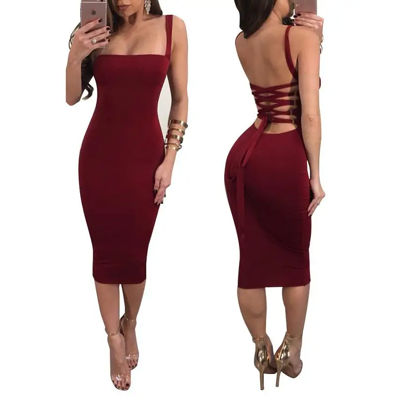 

Spaghetti Strap Bandage Lace Up Dress Women Sexy Bodycon Knee Length Dresses Plus Size Knee Length Pencil Club Dress Vestidos