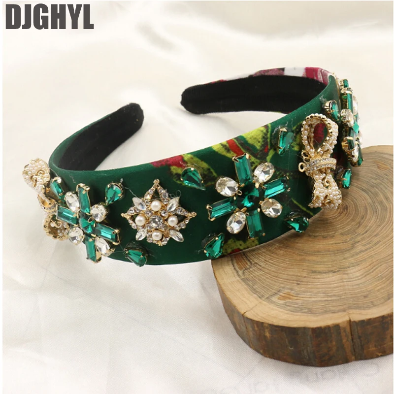 

Fashion European Vintage Baroque Headband Green Crystal Rhinestone Flowers Hairbands Gold Crown Pearl Hair Jewelry Hot Sale