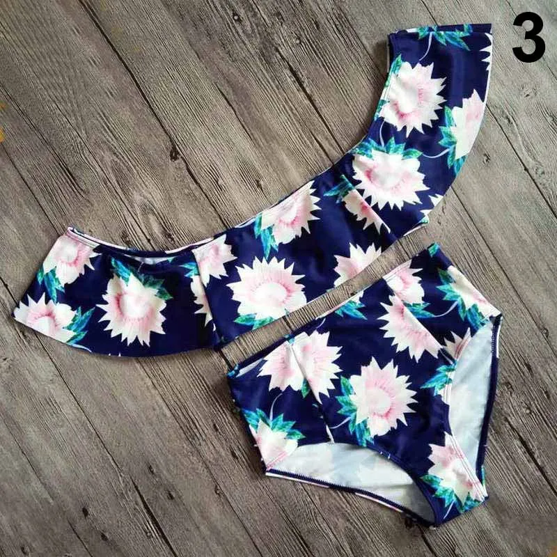 

Hot Selling Ladies Swimsuits Off Shoulder Bikini Floral Printed Briefs Swimwear for Summer