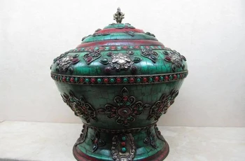 

Tibet Copper Bronze inlay ruby beryl turquoise coral crock Aquarius Pot 8.02