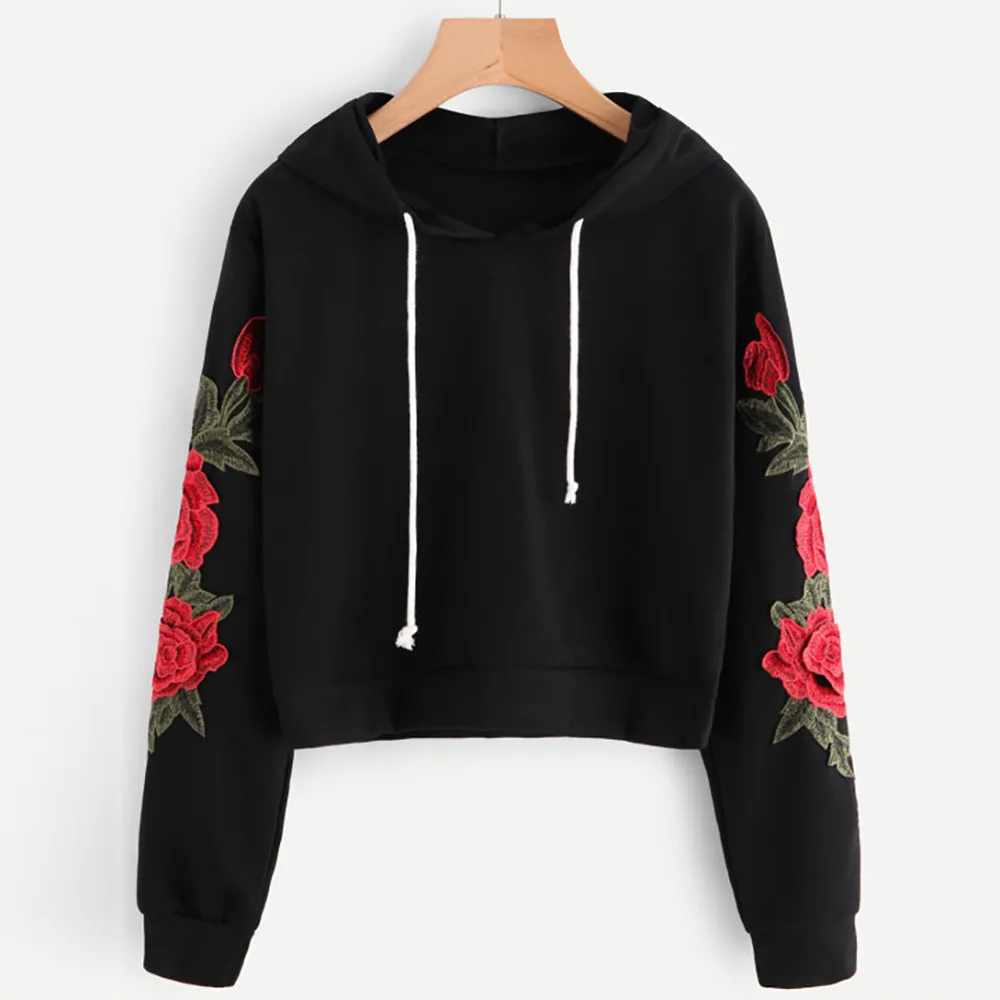 

Women Floral Applique Sweatshirt Hoodies Causal Long Sleeve Hooded Pullover Crop Tops Sweatshirts sudaderas mujer 2019