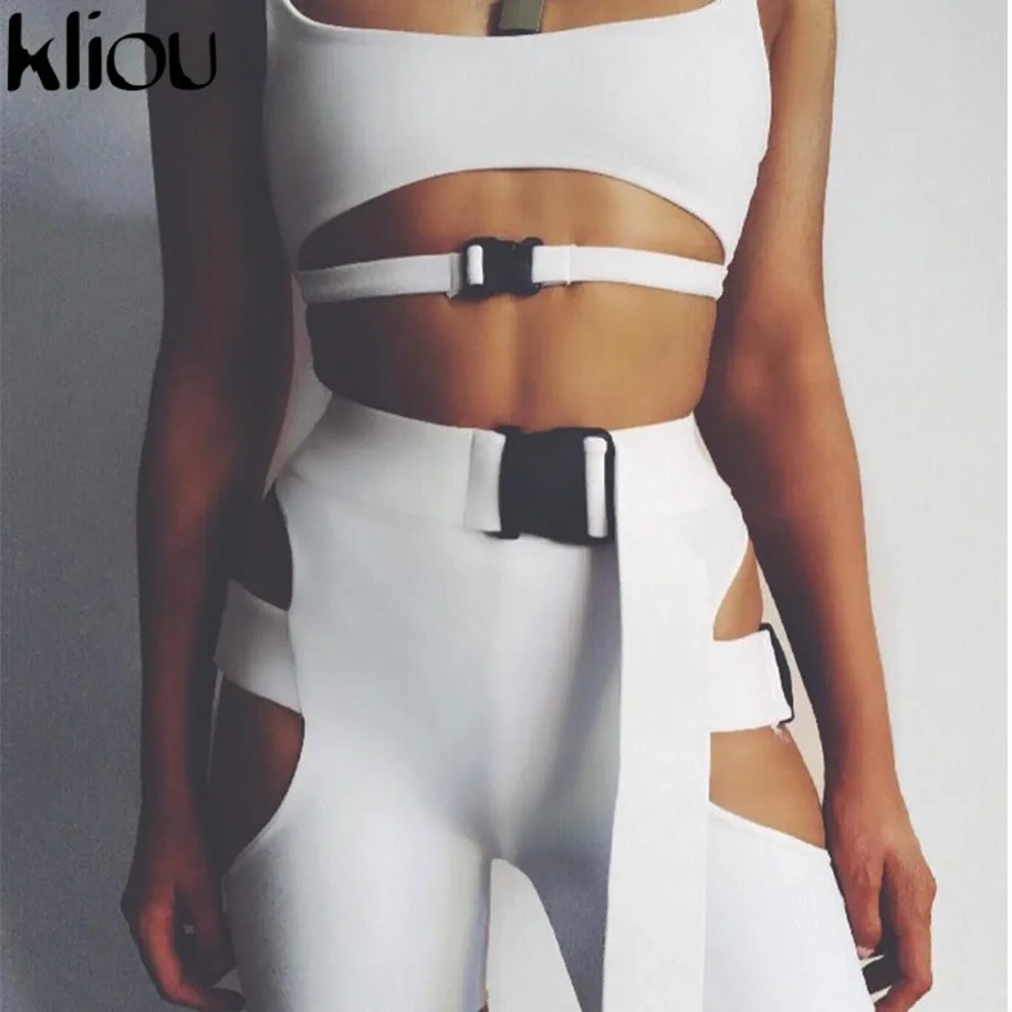 Kliou جديد المرأة مثير زر بأمتصاص قطعتين مجموعات عالية الخصر حزام قابل للضبط السراويل حمالة مثير المحاصيل قمم الإناث الدعاوى