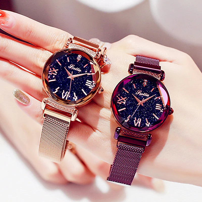 Relogio Feminino Роскошные модные звездное небо женские часы Женское платье магнитная сетка ремень кварцевые наручные часы женские часы