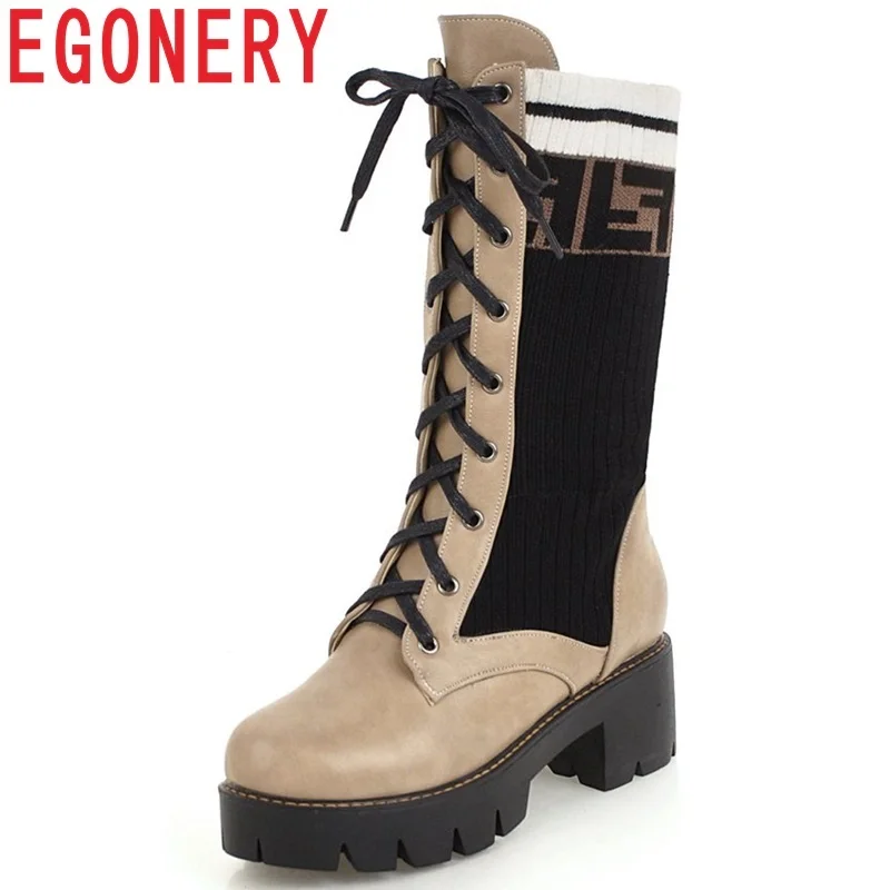 

EGONERY hot sale 2018 new concise mixed colors women shoes high square heel platform round toe cross-tied lace-up mid calf boots