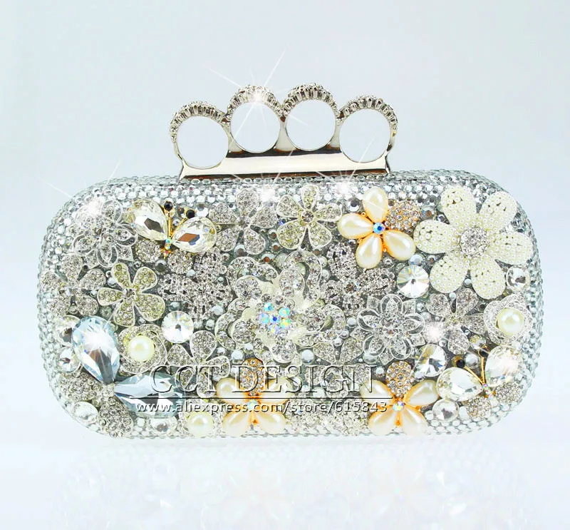free shipping luxury silver rhinestone wedding bridal bags with 4 rings