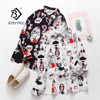

New Arrival Women Cartoon Girl Face Print Long Sleeve White Shirt Turn-Down Collar Chiffon Blouse Chic Top T9O402F