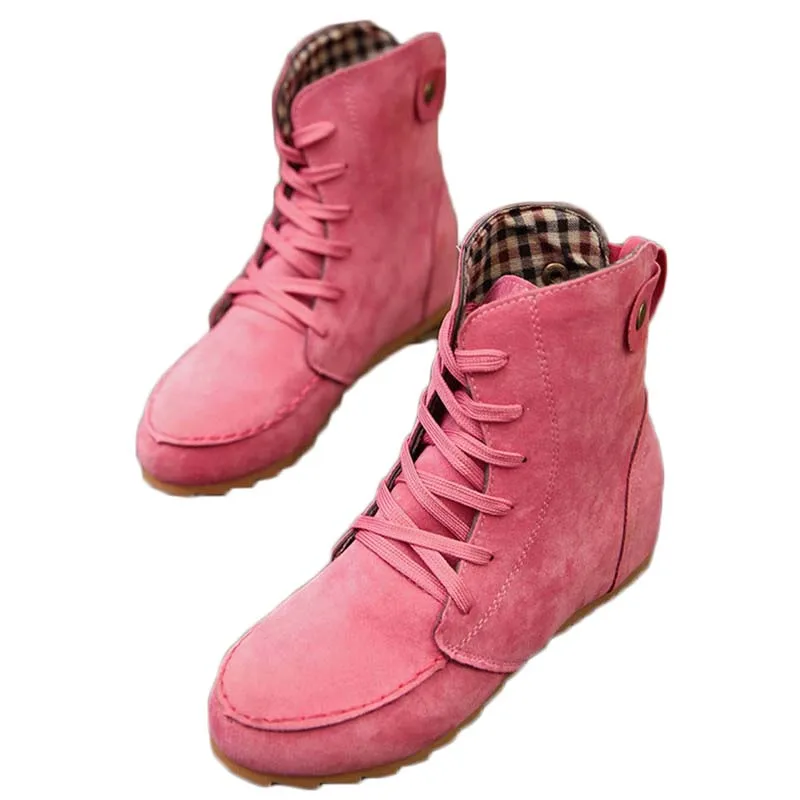 

Lace-up lady stripe lining flat with Martin boots inside the raised round head to keep warm British lace fashion boots