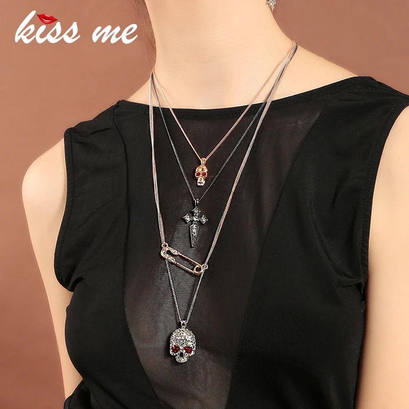 

KISS ME Unique Crystal Cross Skull Pendant Necklace Multi Layers Alloy Chain Vintage Necklace Women Bijoux