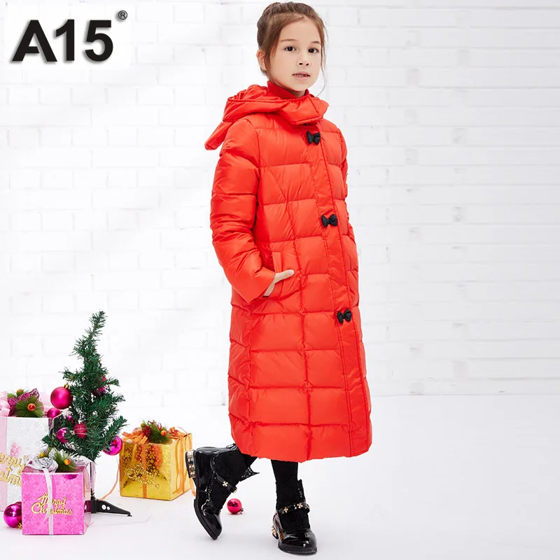 Пуховик для девочек модель года, брендовые зимние пальто для подростков одежда для детей длинная теплая верхняя одежда с капюшоном для девочек возрастом 6, 8, 10, 12, 14 лет, A15 - Цвет: 12083Red