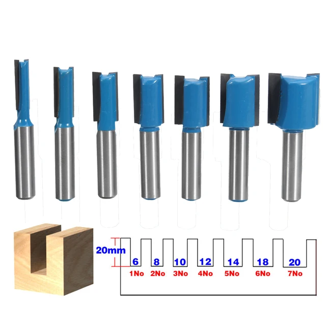 Wolke 7Pcs 8mm Shank Straight Router Bit Set 6mm/8mm/10mm/12mm/14mm/18mm/20mm Diameter Blue Milling Cutter for Wooden Cutting
