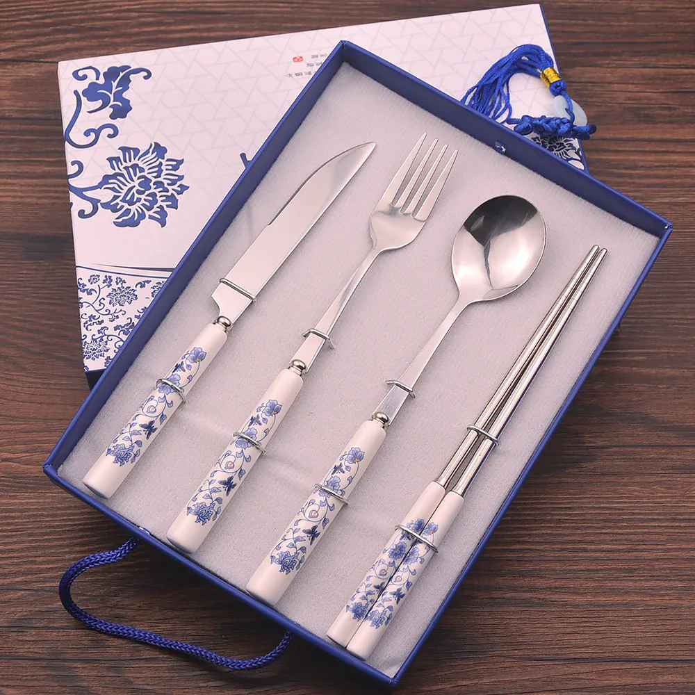 Blue and white porcelain cutlery set stainless steel chopsticks spoon