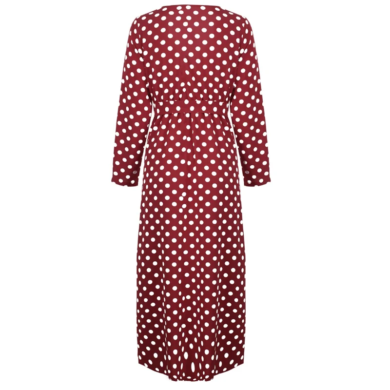 Qunndy 2018 Sexy Long Sleeve V Neck Long Party Maxi Dresses Polka Dot Print Beach Bohemian Vintage Dress Women Casual Vestidos (13)