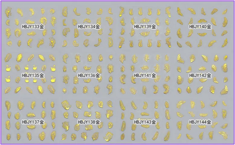12 шт./партия самоклеющиеся 3D наклейки для ногтей татуировки Белый Черный Золотой Серебряный в форме птичьего крыла PLUME PINNA перо HBJY133-144 - Цвет: HBJY133-144G