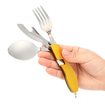 

4 in 1 Outdoor Tableware (Fork/Spoon/Knife/Bottle Opener) Camping Stainless Steel Folding Pocket Kits for Hiking Survival Travel