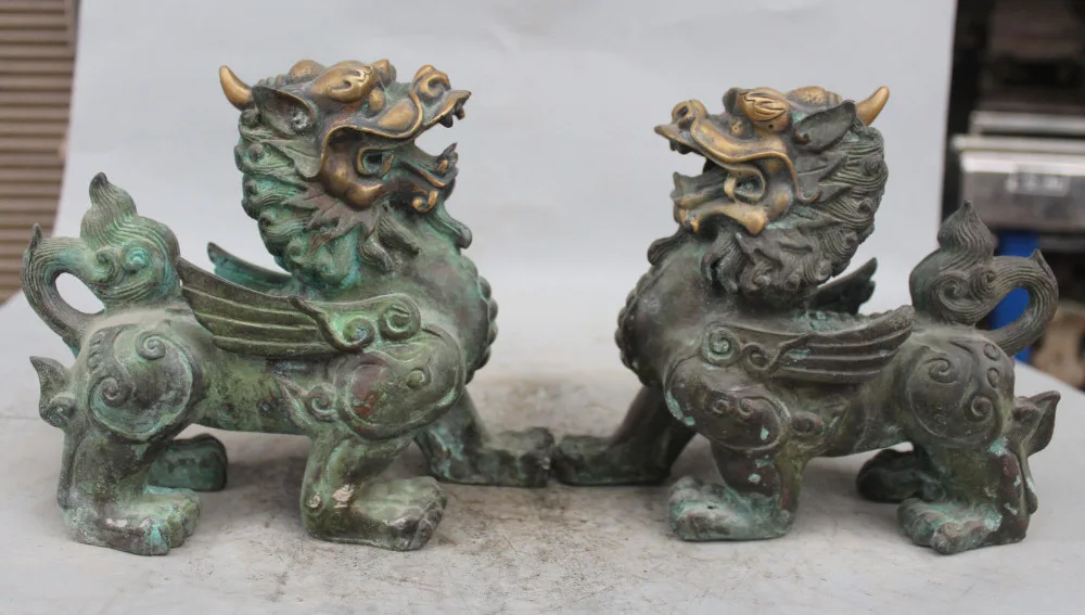

zhaorui5886088" Chinese Bronze FengShui Guardian Dragon beast PiXiu Unicorn Pair Statue