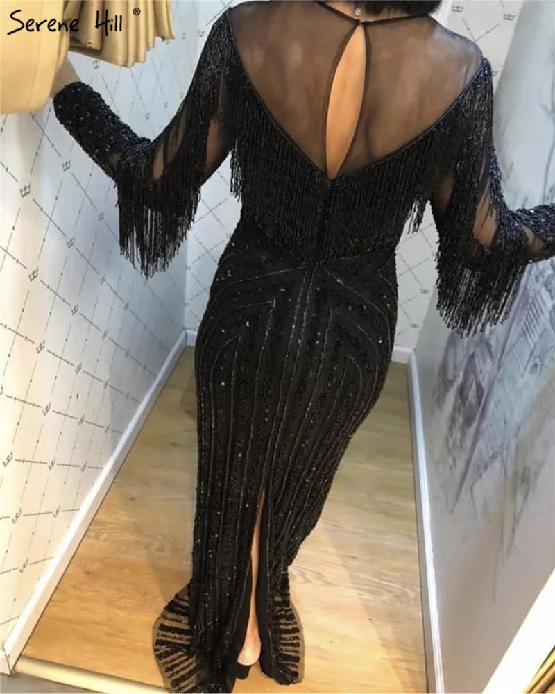 Новейший дизайн, черное роскошное сексуальное вечернее платье,, тонкое, Русалка, с кисточками, с бисером, с длинным рукавом, вечерние платья LA60920