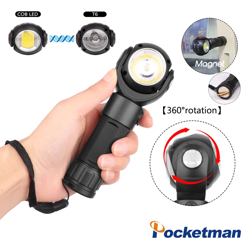 

POCKETMAN 2019 New T6+COB LED Portable Waterproof Flashlight Work Light Rechargeable with Magnet 360 Degree Rotate Red Lamp