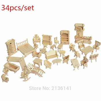 

1SET=34PCS , Wooden Doll House Dollhouse Furnitures Jigsaw Puzzle Scale Miniature Models DIY Accessories Set
