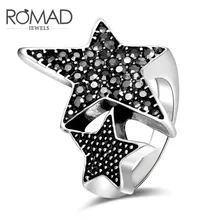 

New Fashion 2 Black Star Silver Color Ring with Crystal for Women Size 6 7 8 Jewelry