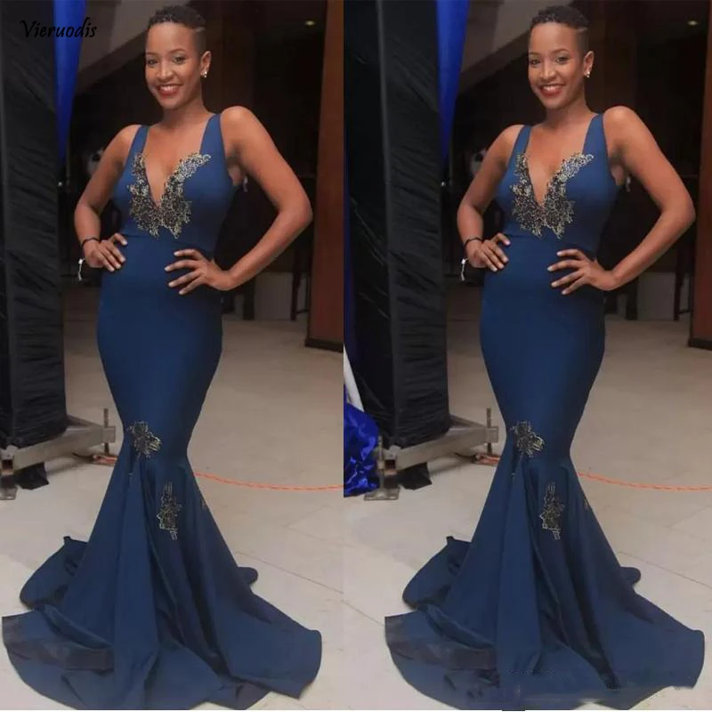 

Mermaid Africa Deep V Neck Evening Dresses Sleeveless Appliques Beading Celebrity Prom Dress Long Formal Party Gowns