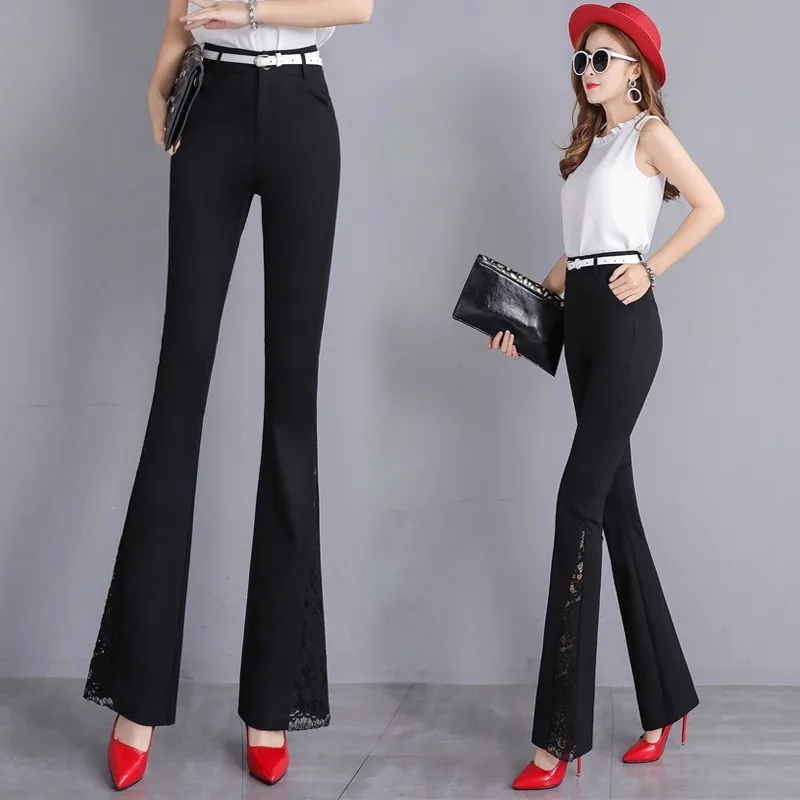 Casual De Black Elegante Primavera Moda Flare Encaje Rosa Alta Mujeres Cintura roses Trabajo Balck Pantalones Patchwork Verano ZPqYf