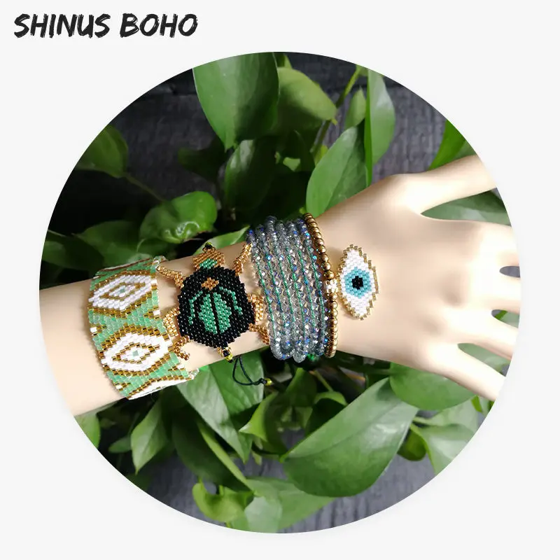 

SHINUSBOHO 4Pcs/set Mexican pulseira Green Beetle Bracelet Insect MIYUKI Bracelet Ctystal CZ Beaded Bracelet Turkey Eye bijoux