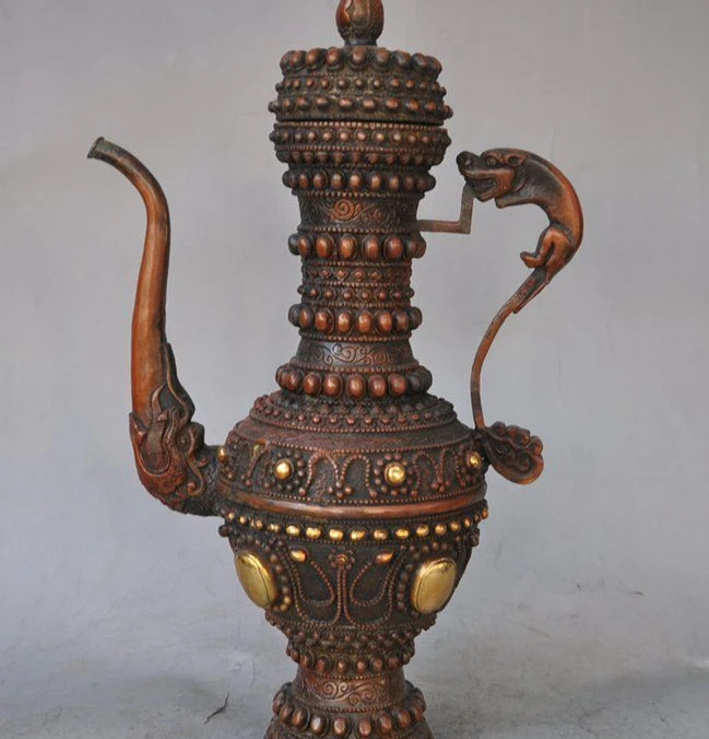 

14" china Tibet bronze copper gilt beast dragon Wine Tea Pot Flagon lucky statue