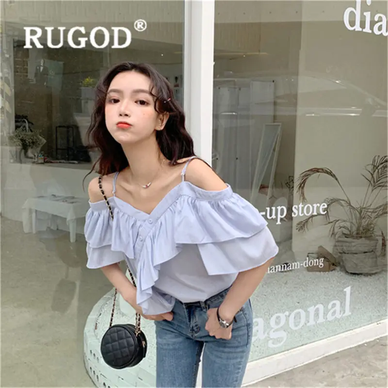

RUGOD 2019 new arrival Ruffle off shoulder womens tops and blouses Korean version V neck camisas mujer