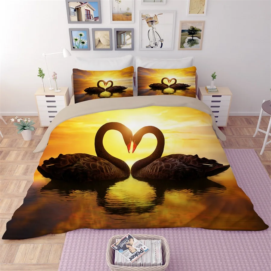 3d Bird Print Swan Lake Bedding Set Twin Queen King Size Flat Bed