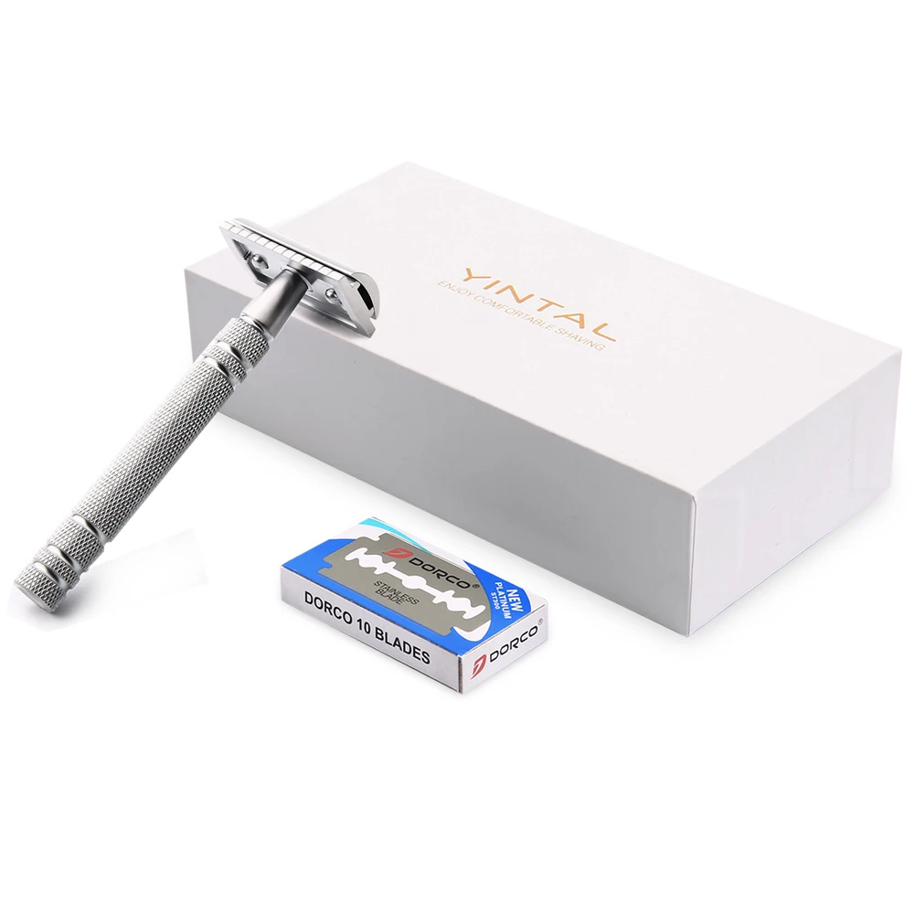 1 Razor 10 Blades Men Shaving Classic Safety Razor Chrome Long Handle